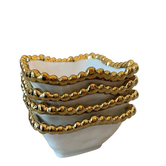 Perla White Porcelain Tidbit Bowls with Gold Beaded Edge 4in Square Set of 4 NEW - Picture 12 of 16